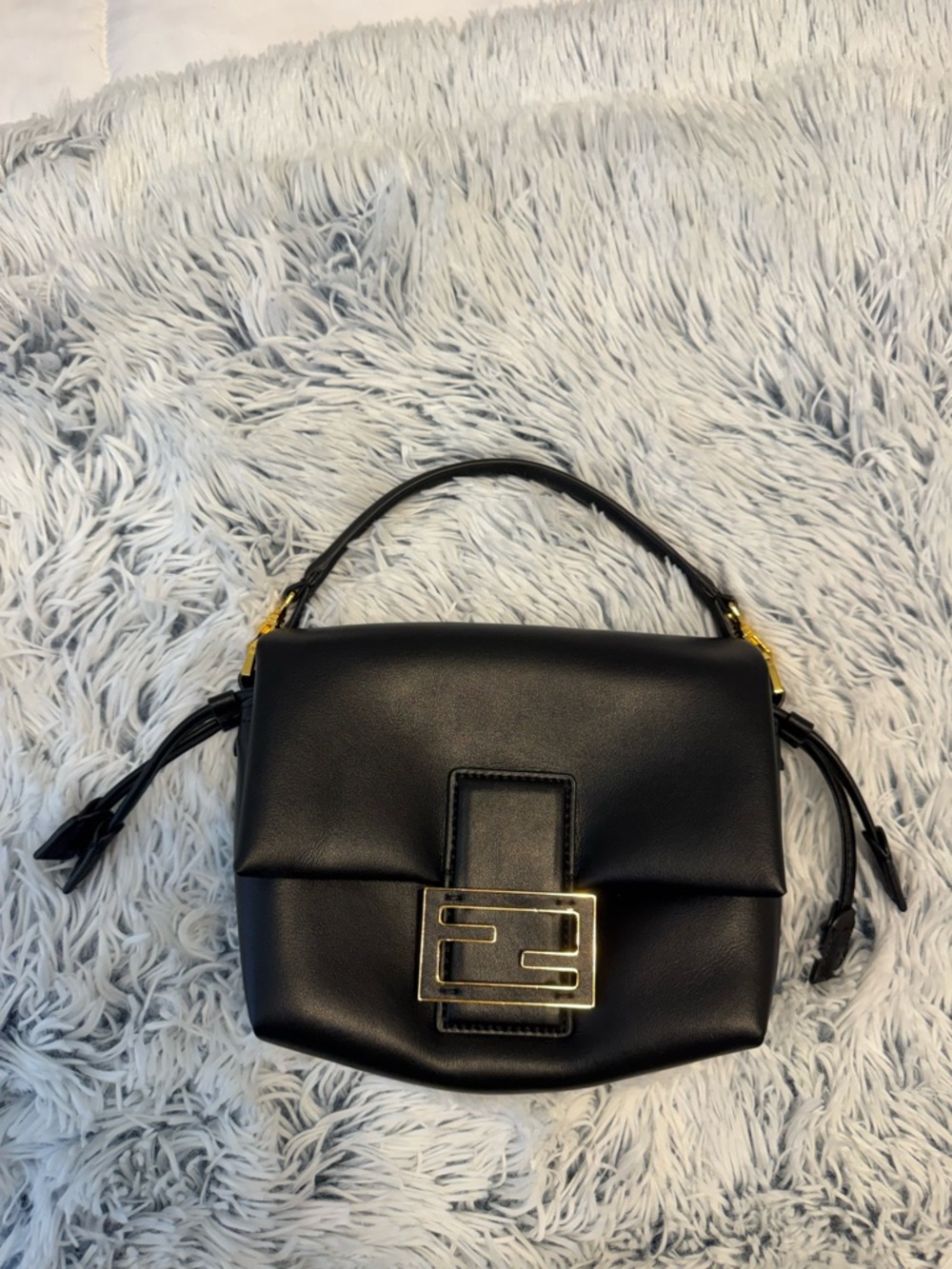 Fendi Black Leather Mini Top-Handle Bag with Gold Buckle